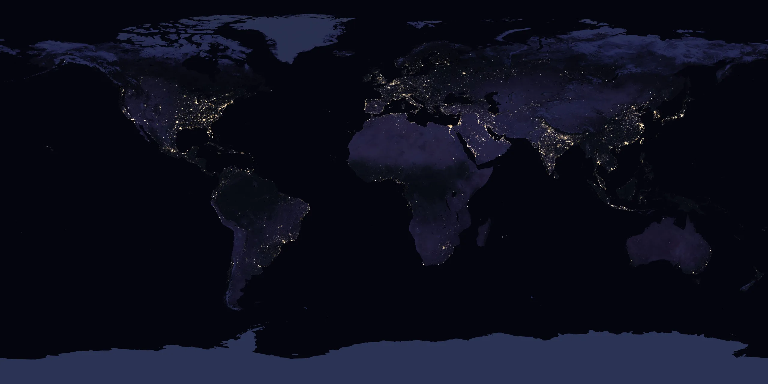 Satellite composite of Earth's city lights at night (NASA Black Marble)