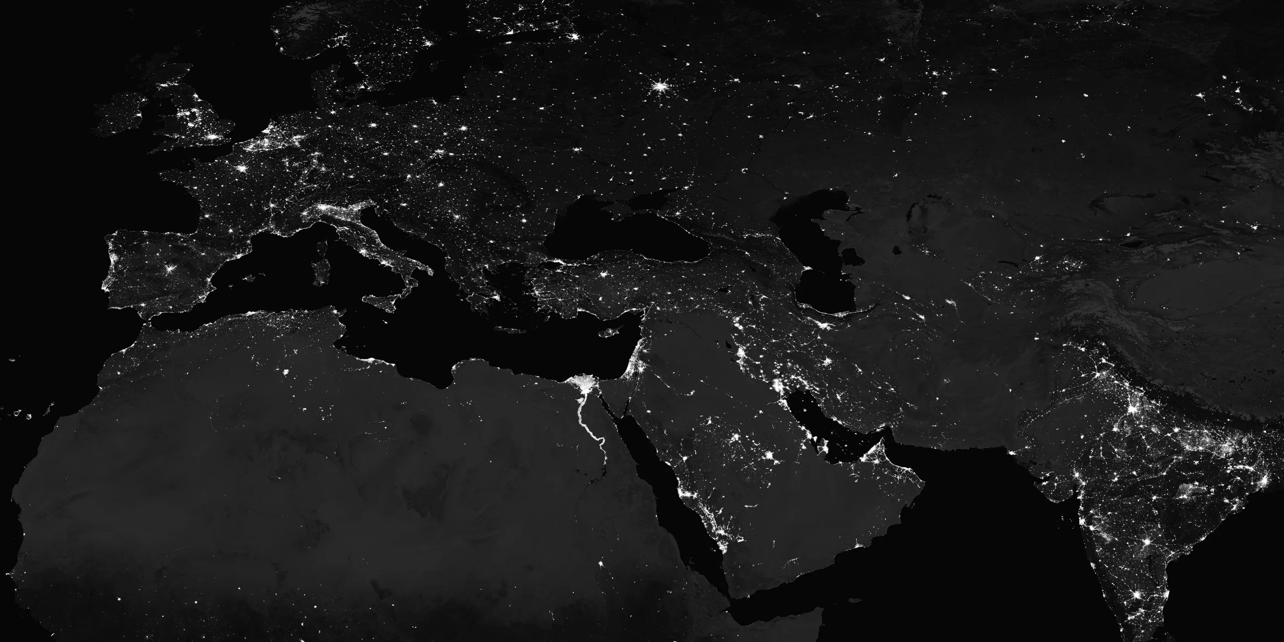 City lights across Europe, the Mediterranean and the Middle East at night, from NASA's Black Marble satellite composite
